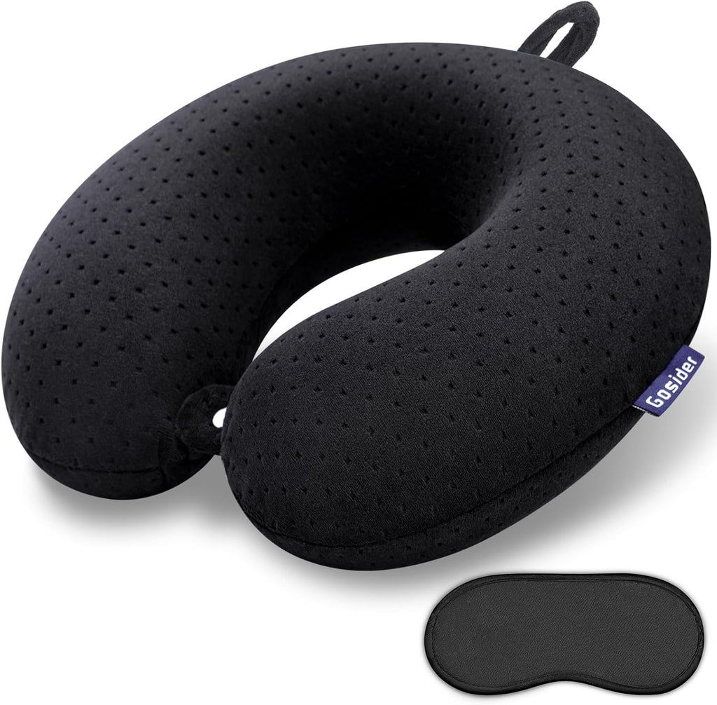 Black Travel Neck Pillow Memory Foam Airplane Pillow for Neck and Head Support Soft Portable U Shape Neck Pillow for Plane, Car & Home…