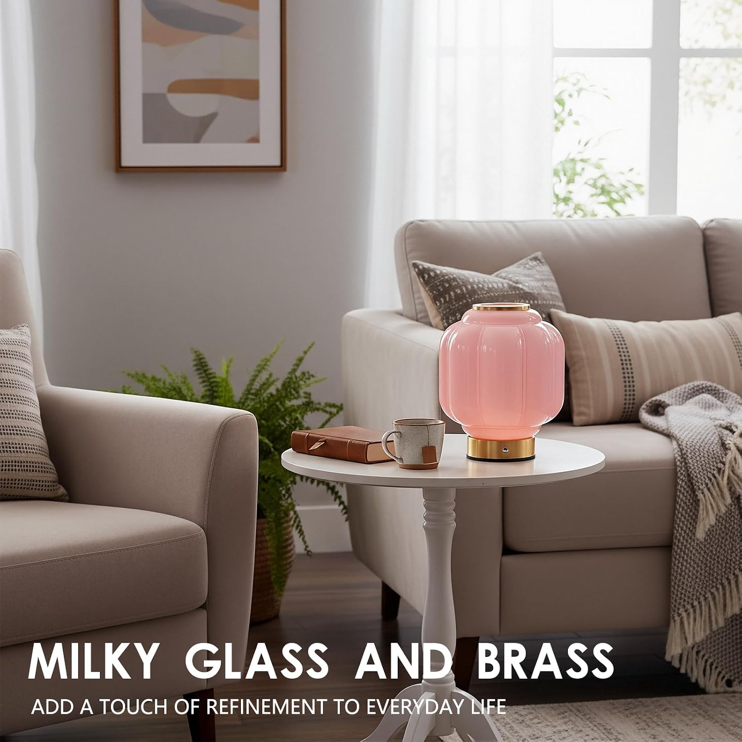 Mushroom Lamp, Cordless Rechargeable Table Lamp with Brass Base & Pink Glass Shade, 4W Dimmable Bedside Table Lamp, Small Vintage Desk…
