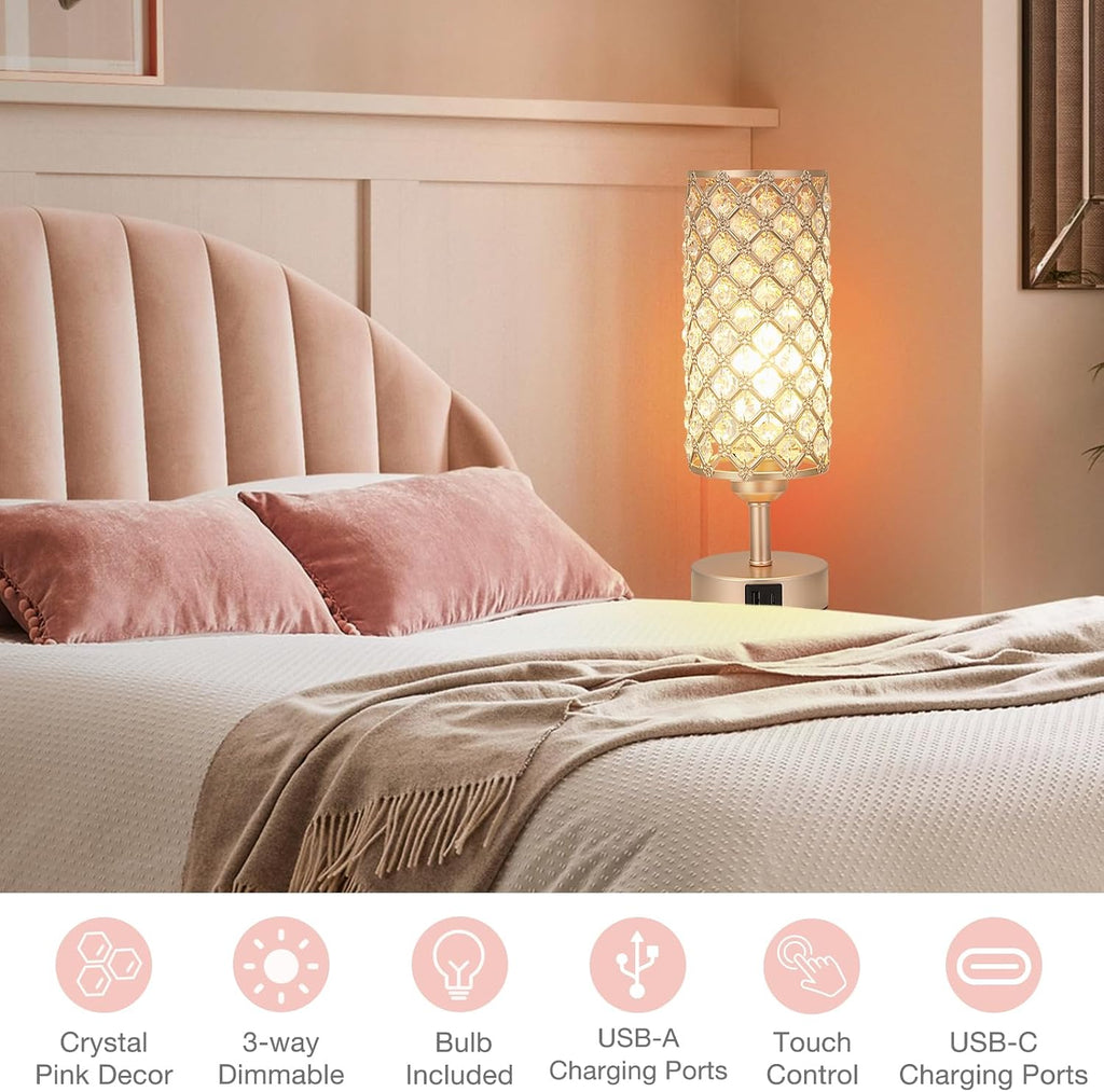 Crystal Table Lamp with USB C+A Ports, 3 Way Dimmable Touch Lamp with Crystal Shade, Champagne Gold Bedside Nightstand Small Lamp for…
