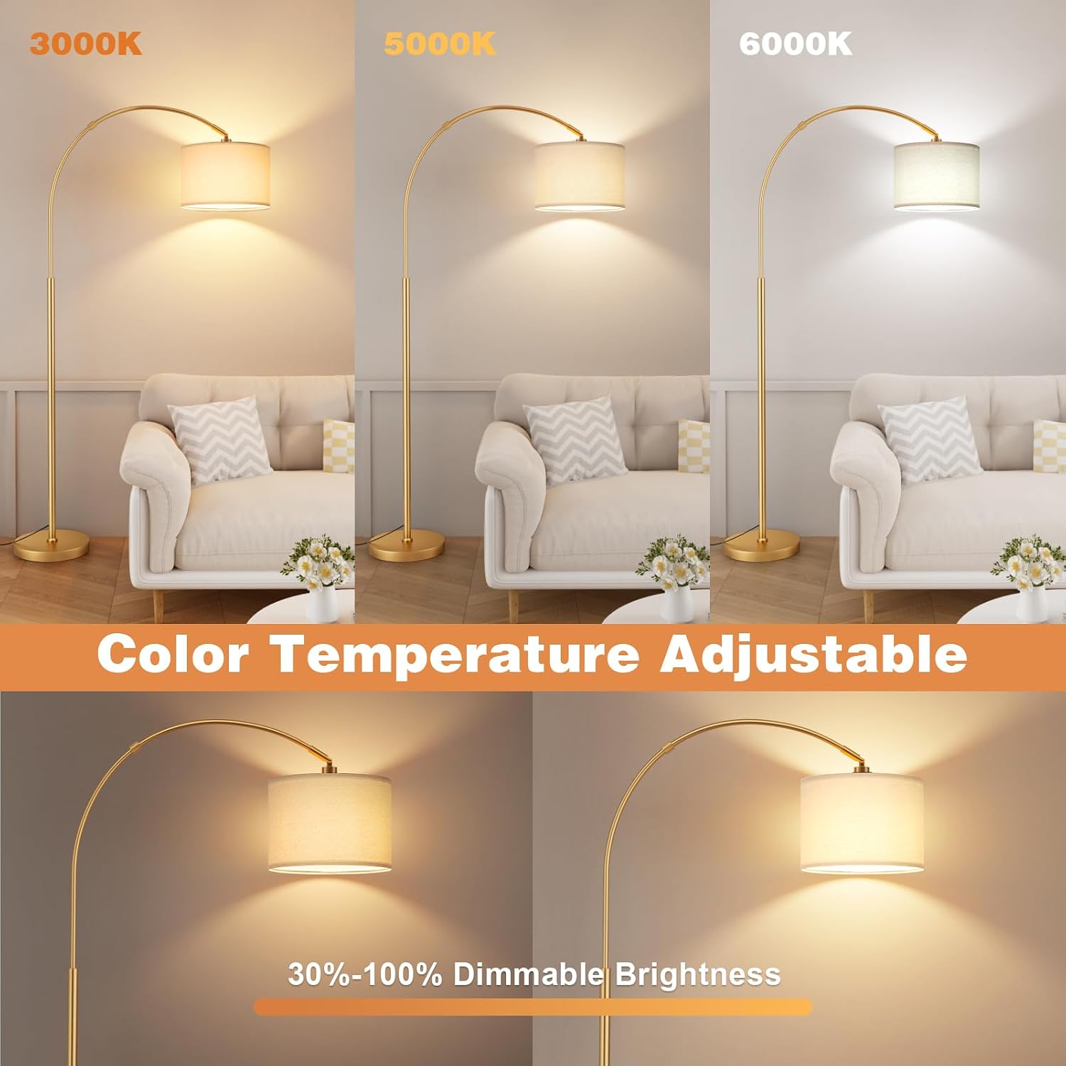 Ambimall Dimmable Arc Floor Lamp with Remote, Color Temperatures and Brightness Adjustable, Arched Floor Lamp with Rotating Head, Over…