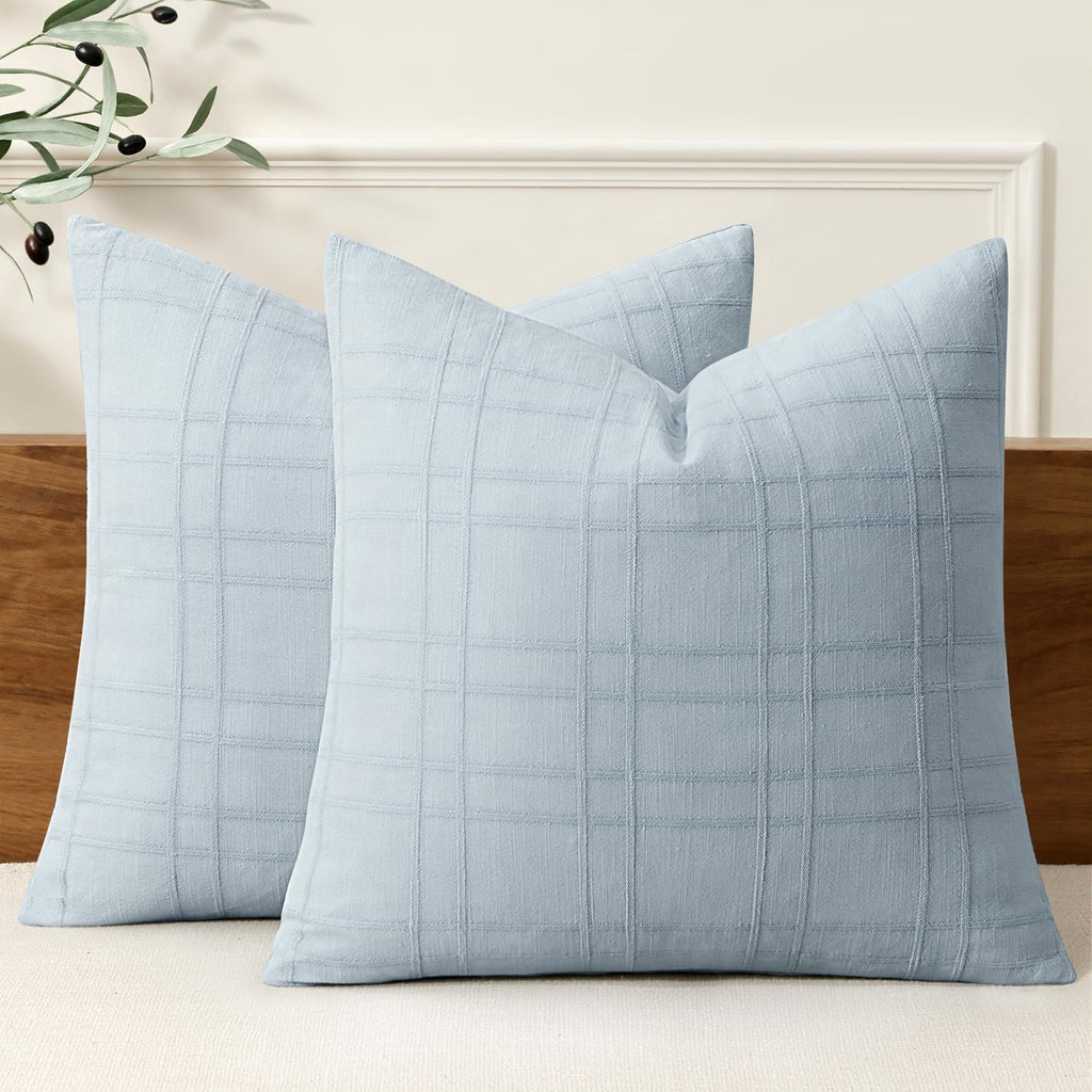 Miulee Decorative Linen Check Throw Pillow Covers Neutral Farmhouse Vintage Pillow Covers 18x18 Set of 2 Boho Modern Home Decor for Sofa Co…