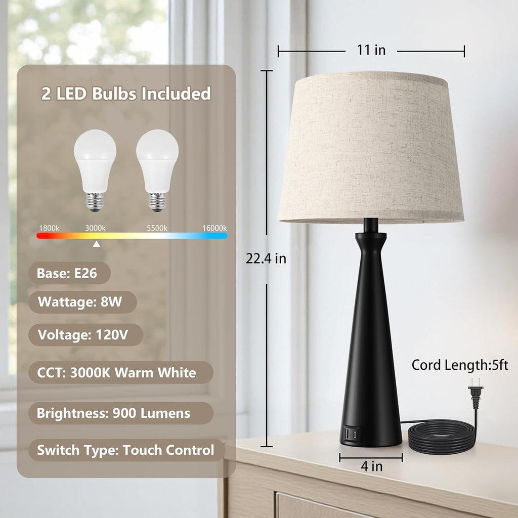 Seealle Modern Table Lamps Set of 2 - Touch Bedside Lamp for Nightstand with Dual USB C+A,3-Way Dimmable Nightstand Lamps for Living Room…