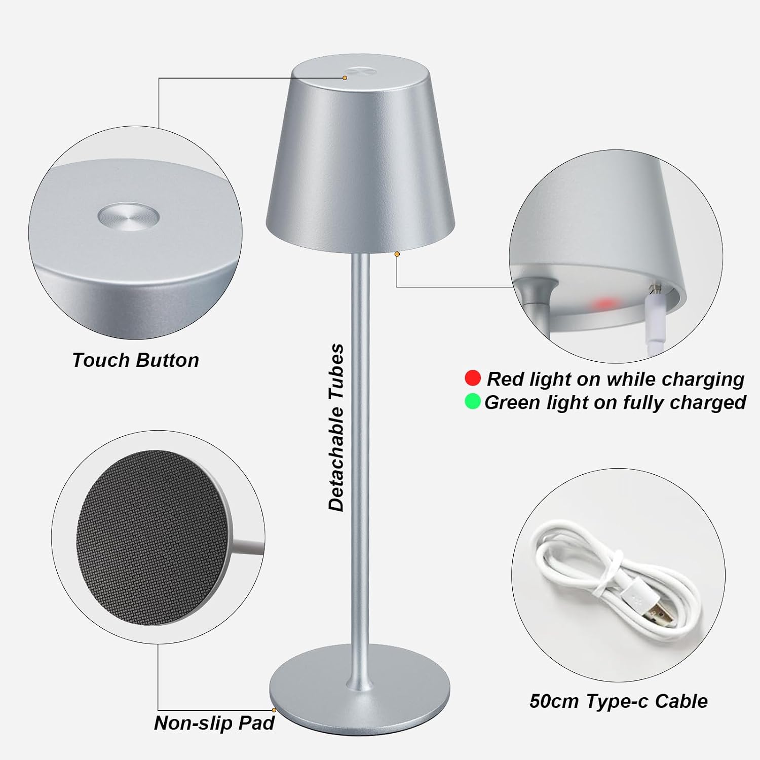 Kakanuo Cordless Table Lamp Rechargeable - Silver Grey 2 Pack 5000mAH Battery Operated Lamp for Counter, 3 Color Stepless Dimming…
