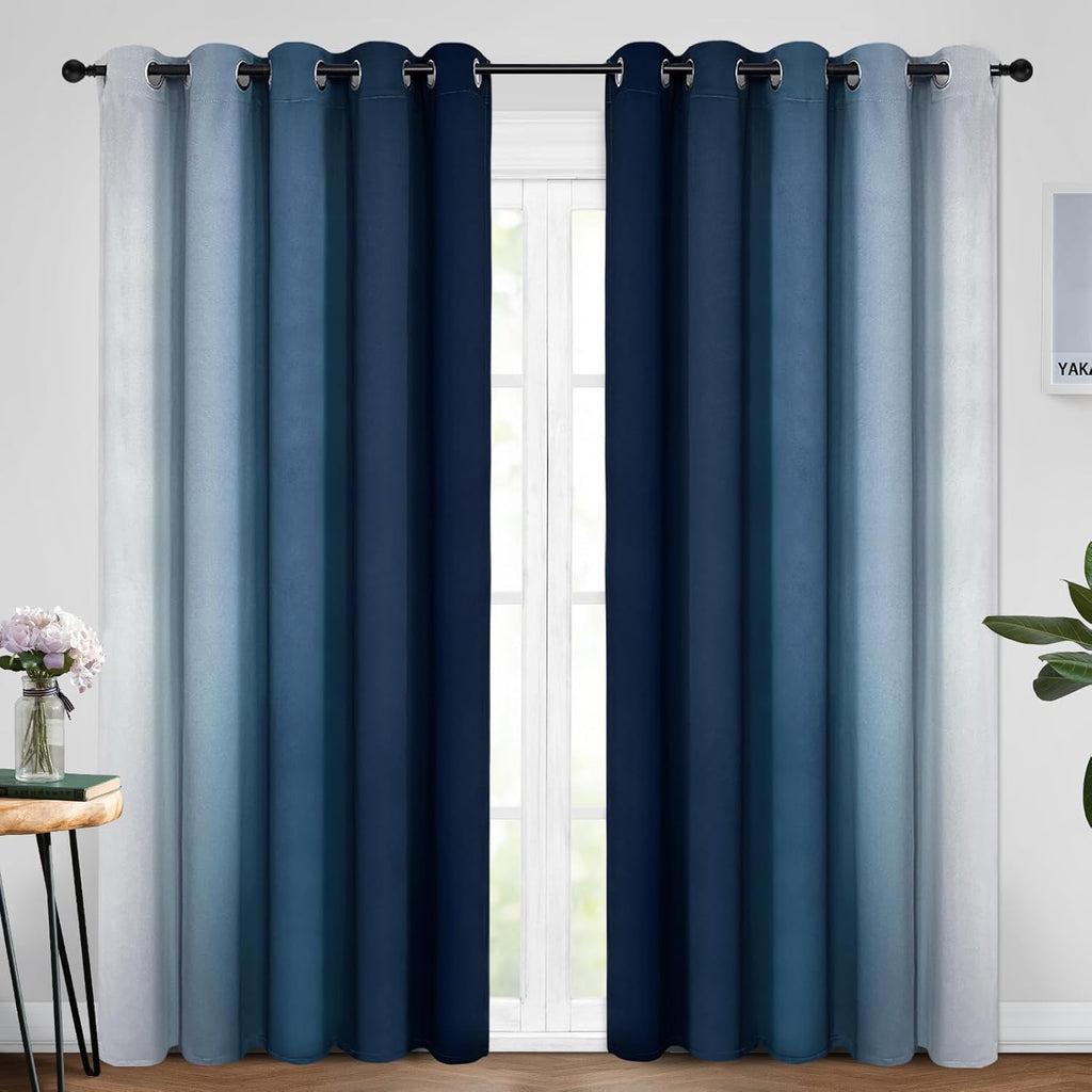 Yakamok Blue Ombre Curtains Room Darkening Grommet Curtains for Bedroom, Light Blocking Thermal Insulated Window Drapes for Living Room(2 P…