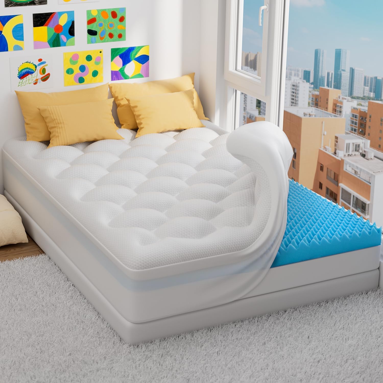 OhGeni Cooling 5 Inch Full Size Dual Layer Mattress Topper, 3 Inch Egg Crate Gel Memory Foam, 2 Inch Pillow Top Pad, Bedroom Essentials Mat…