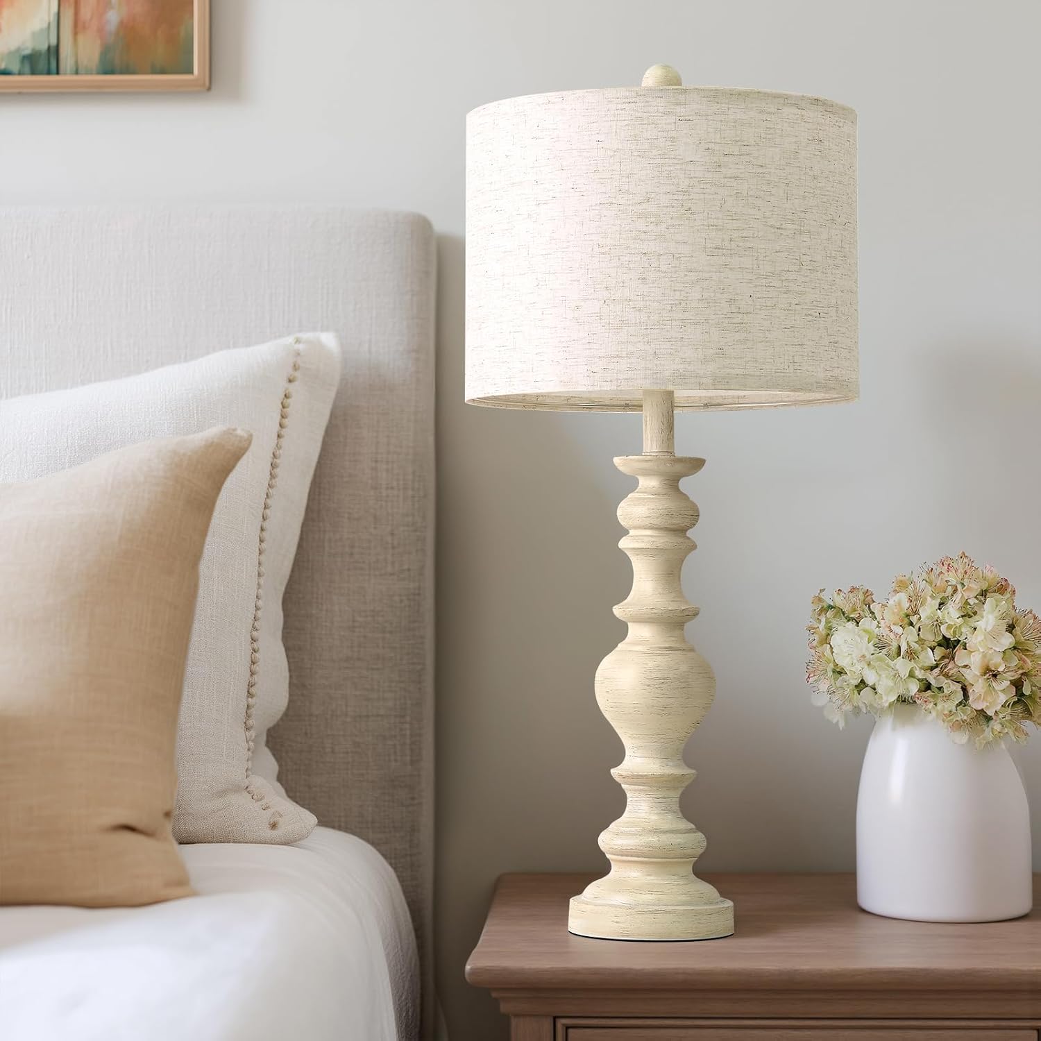 BOBOMOMO 27" Antique White Table Lamps Set of 2, Large Vintage Resin Lamps with Linen Shades, Farmhouse White Lamps for Bedroom, Living…