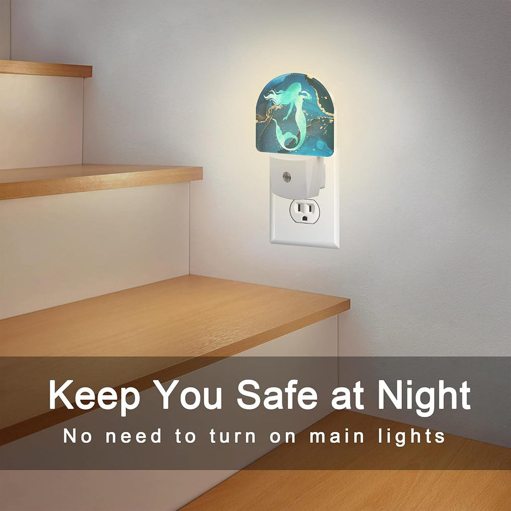 Watercolor Turquoise Mermaid Night Light for Kids, Navy Blue Golden Marble Night Light Plug in with Dusk to Dawn Sensor,0.5w Energy Saving…