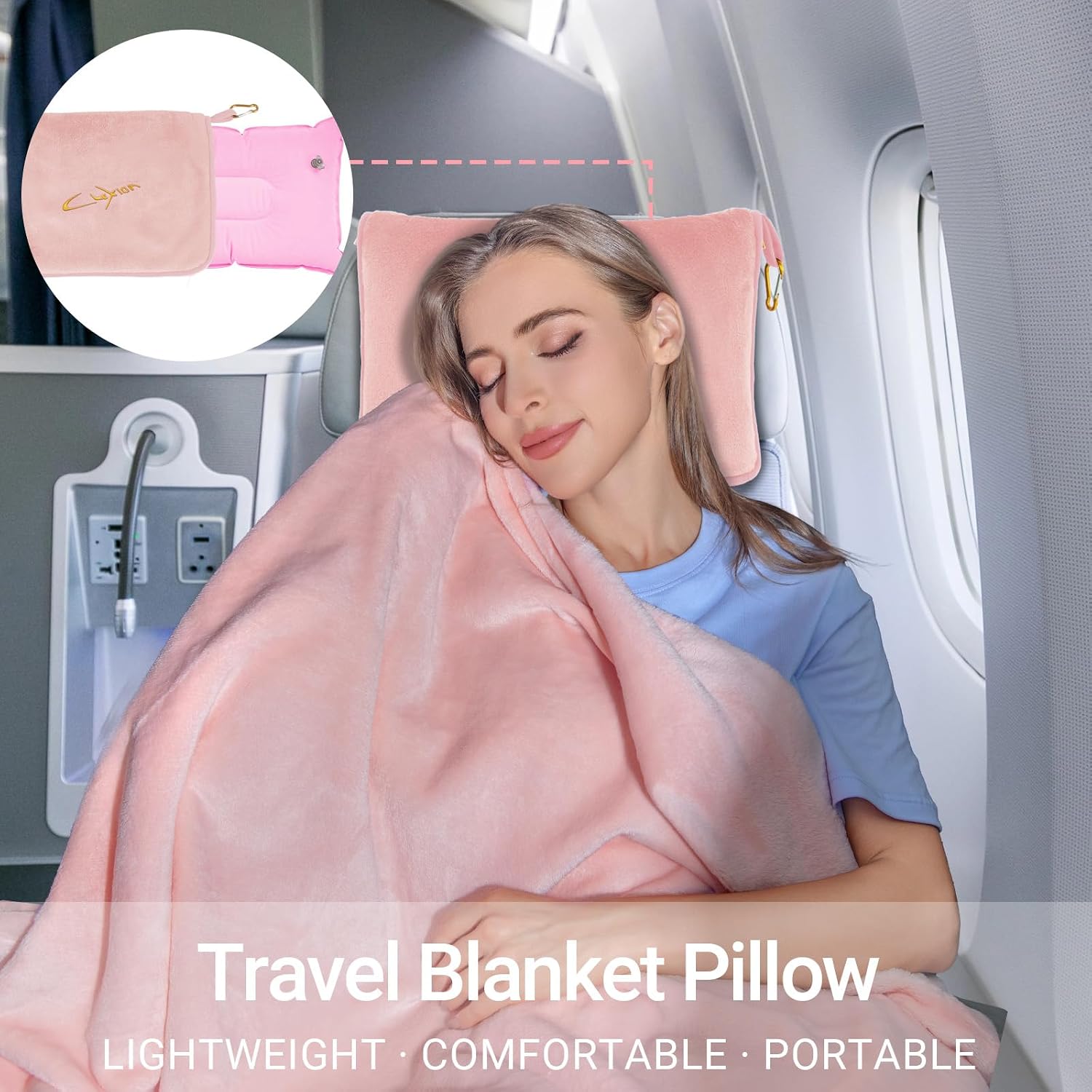 Travel Blanket and Pillow Set, 300 GSM Soft Fleece, 60x43 Inches, 3-in-1 Compact with Bag, Pink