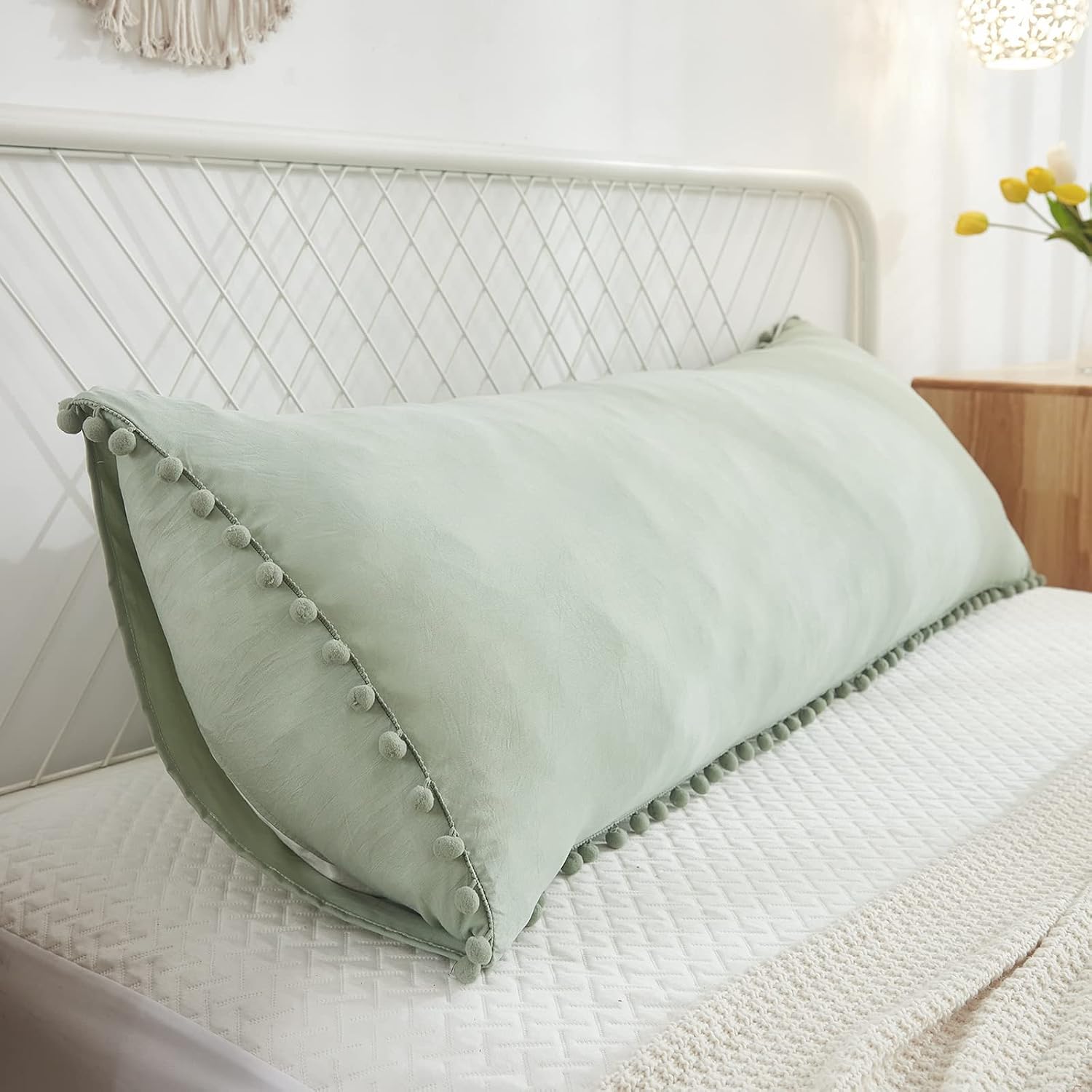 Moveover MOVE OVER Sage Green Body Pillow Cover 20x54 Inches Cute Pom Poms Decorated Pillow Cover Soft Washed Microfiber Boho Long Pillowca…