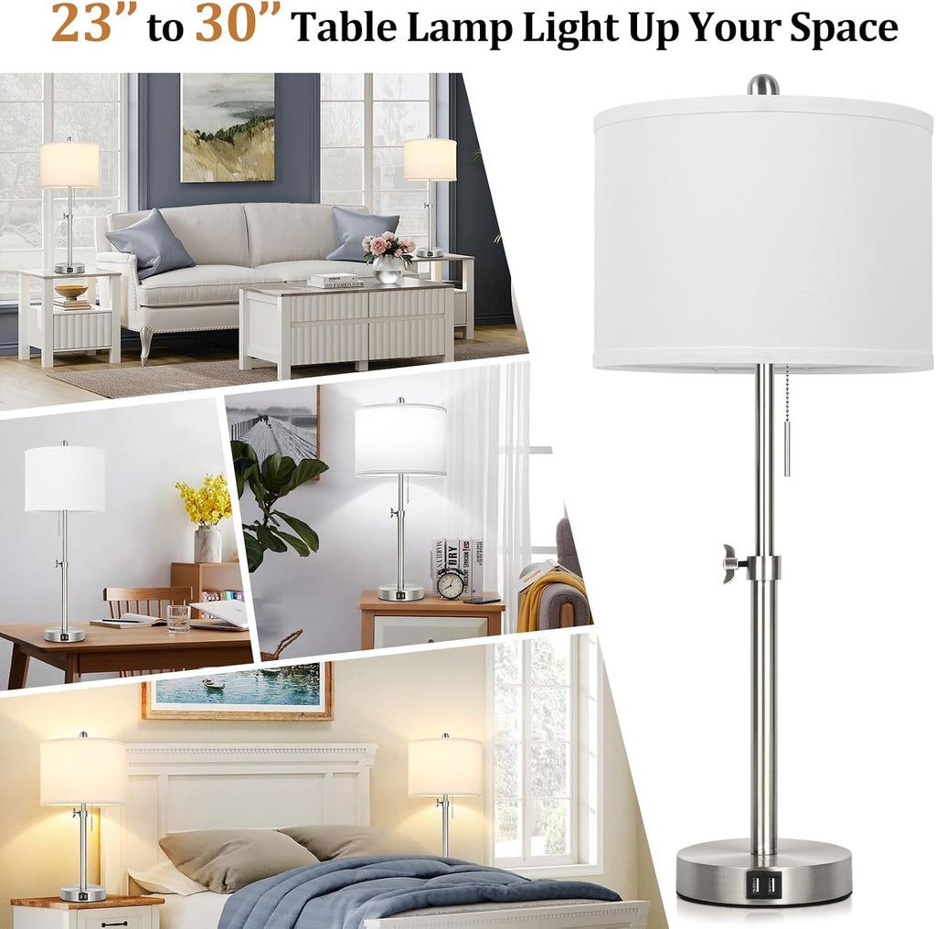Kondras Table Lamp Set of 2 for Bedroom, Bedside Lamp with 2 USB Ports, 23" to 30" Height Adjustable Tall Table Lamp for Living Room End…