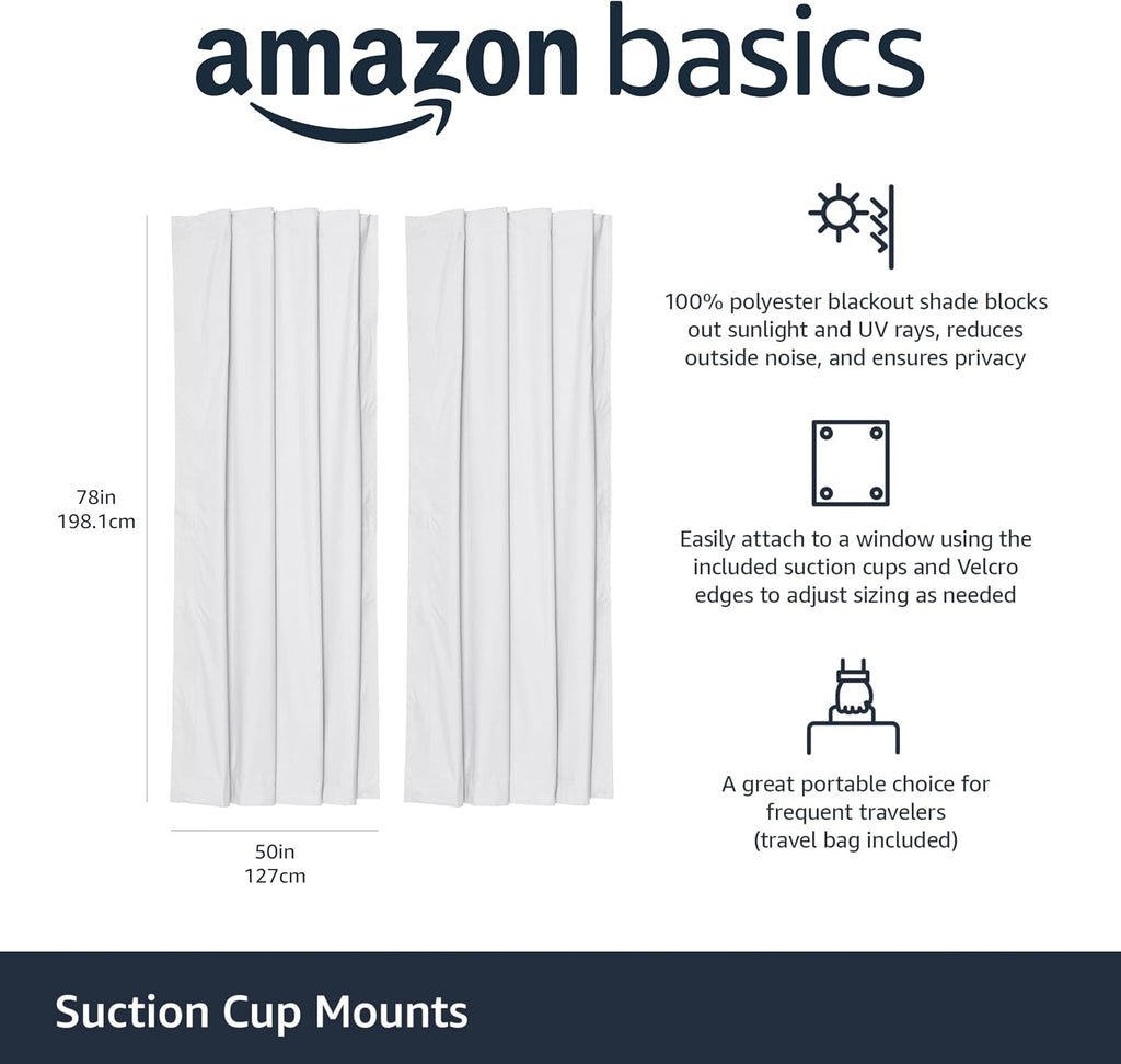 Amazon Basics Portable Blackout Curtain Shade with Suction Cups, Noise Reducing, Energy Saving, 50"W x 78"L, White, 2-Pack
