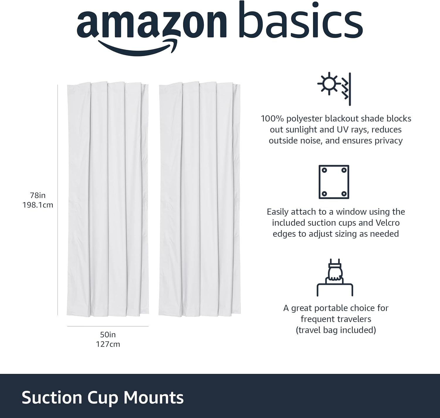 Amazon Basics Portable Blackout Curtain Shade with Suction Cups, Noise Reducing, Energy Saving, 50"W x 78"L, White, 2-Pack