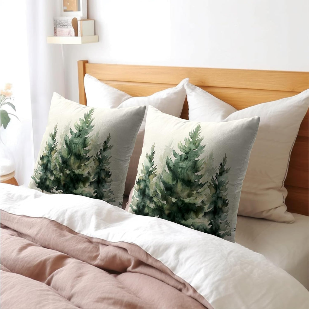 Granbey Watercolor Green Tree Throw Pillow Covers 20X20 Inch Set of 2 Green Christmas Tree Decorative Pillowcase Winter Nature Trees Holida…