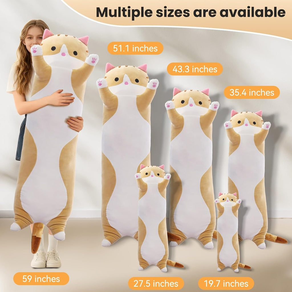 Shinuoer Cute Cat Plush Long Body Pillow – Soft Cartoon Stuffed Animal Doll, Kawaii Cat Plushie Cuddle Toy for Kids, Girls & Girlfriend (Br…