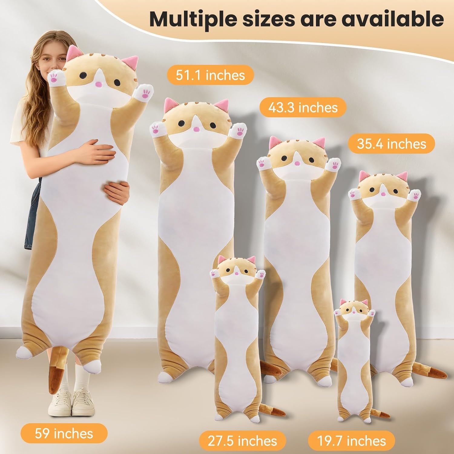Shinuoer Cute Cat Plush Long Body Pillow – Soft Cartoon Stuffed Animal Doll, Kawaii Cat Plushie Cuddle Toy for Kids, Girls & Girlfriend (Br…