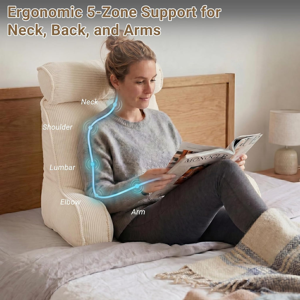 Reading Pillow for Bed with Detachable Neck Roll and Shredded Memory Foam, Back Pillow with Arms for Sitting Up, Washable Bed Rest Pillow…