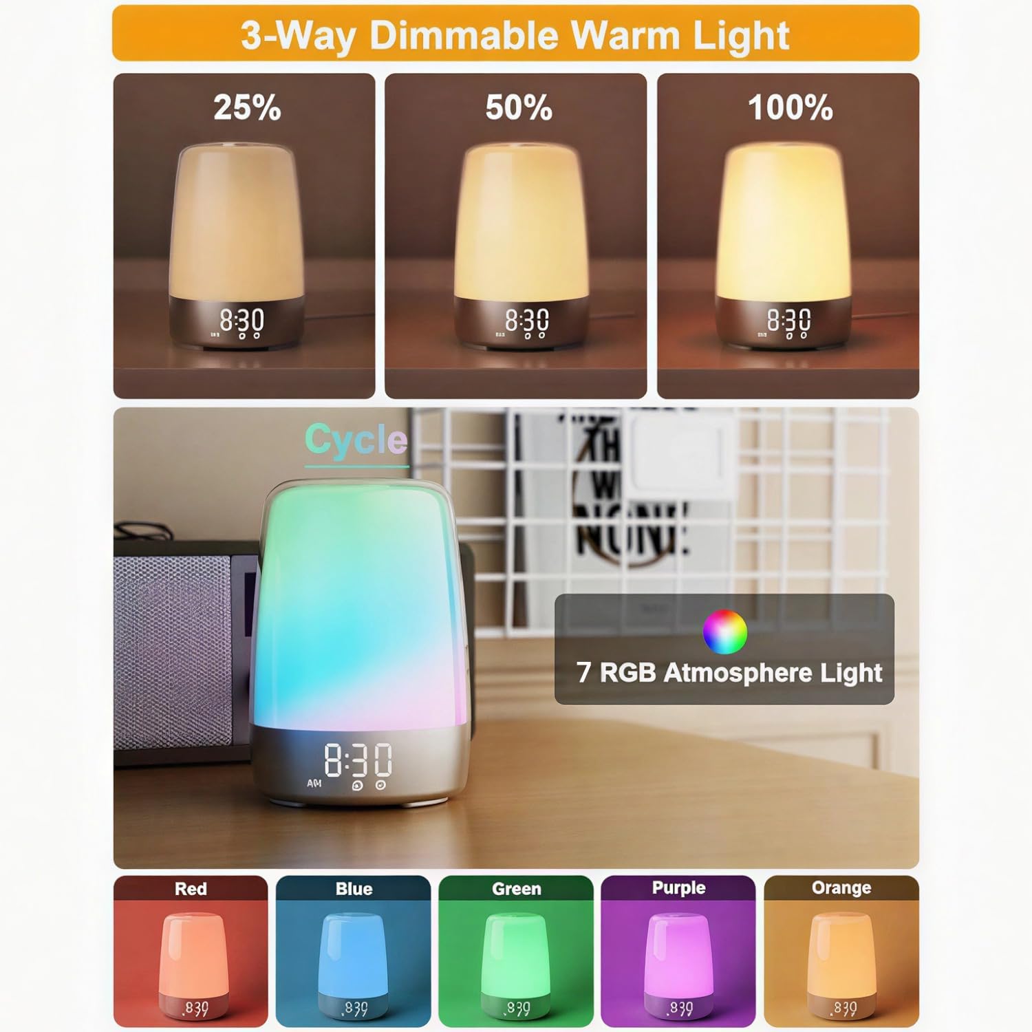 winshine Touch Wake Up Night Light with Sunrise Simulation Alarm Clock, 3 Ways Dimmable Warm White Bedside Lamp for Kid Bedrooms RGB Ambien…
