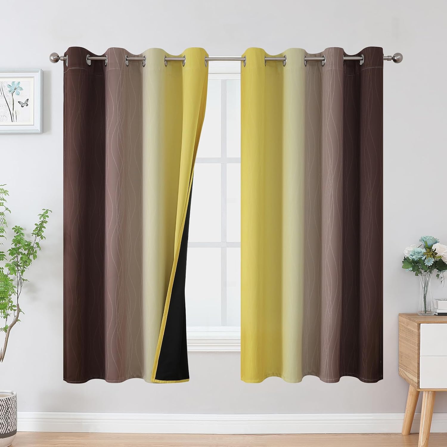 Estelartextiler Estelar Textiler Brown and Yellow Blackout Curtains for Kids Room, Full Room Darkening Grommet Ombre Curtains for Bedroom,…