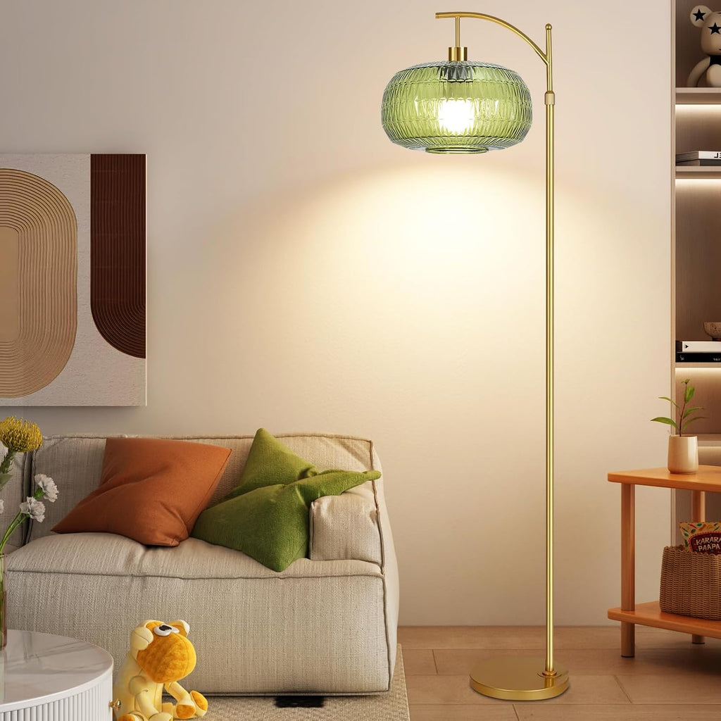 QIYIZM Glass Floor Lamp for Living Room, Bedroom, Gold Dimmable Standing Lamp with Remote, Green Mid Century Modern Brass Vintage Tall Lamp…