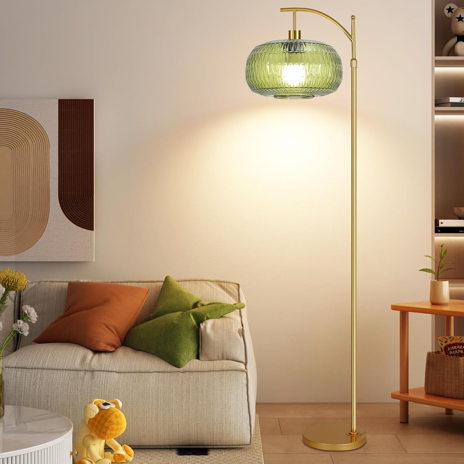QIYIZM Glass Floor Lamp for Living Room, Bedroom, Gold Dimmable Standing Lamp with Remote, Green Mid Century Modern Brass Vintage Tall Lamp…