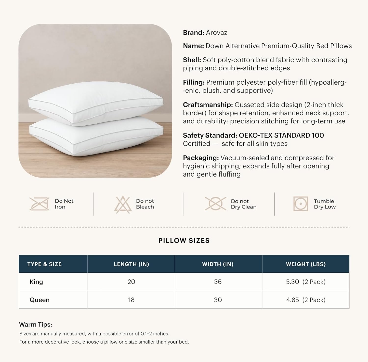 AROVAZ Bed Pillows for Sleeping Set of 2 (White), Soft Down Alternative Pillow for Back, Stomach or Side Sleepers, Comfortable Fluff…