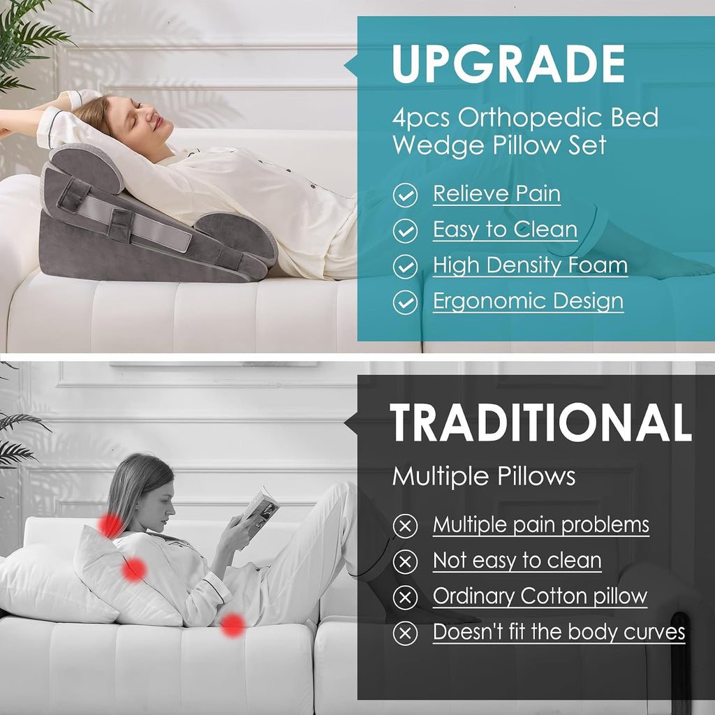Wgakced 4Pcs Wedge Pillow Set for After Surgery, Acid Reflux Relief, Adjustable Bed Wedge Pillows for Sleeping, Anti Snore, Memory Foam Trian…
