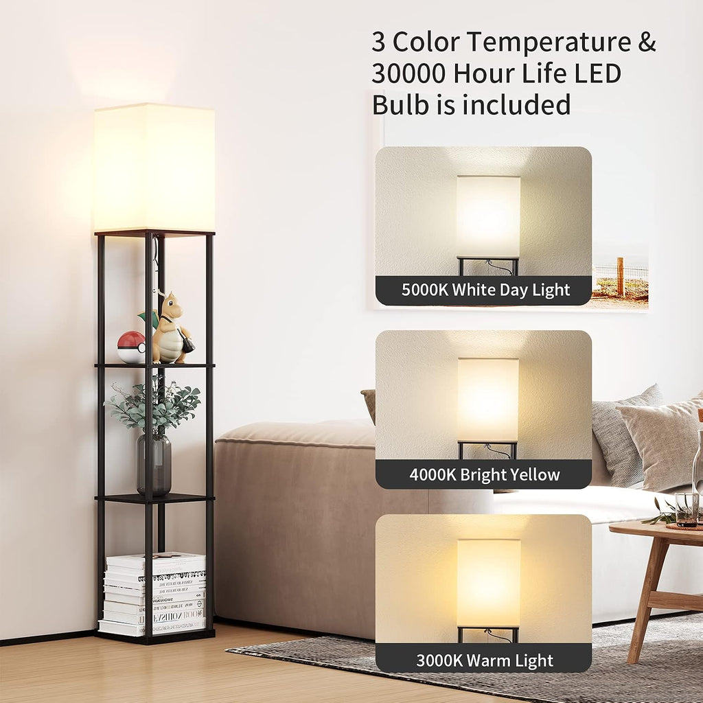 SUNMORY Floor Lamp with Shelves, Modern Square Standing Lamp with 3 Color Temperature Bulb, Corner Display Bookshelf Lamp for Living Room…