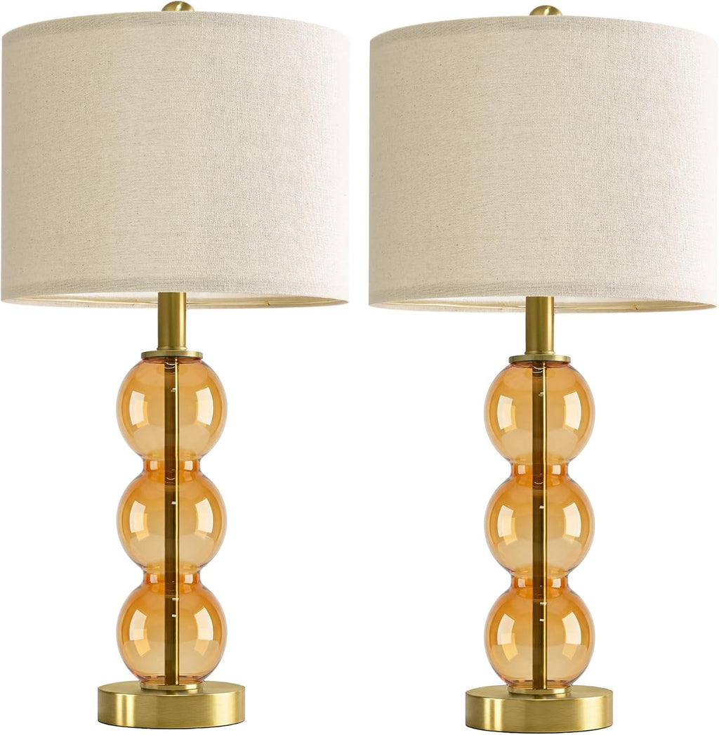 Oneach 25" Amber Glass Table Lamps for Living Room, Glass Modern Table Lamp Set of 2, USB Charging Ports, Linen Shade, Bedside Lamps for Be…