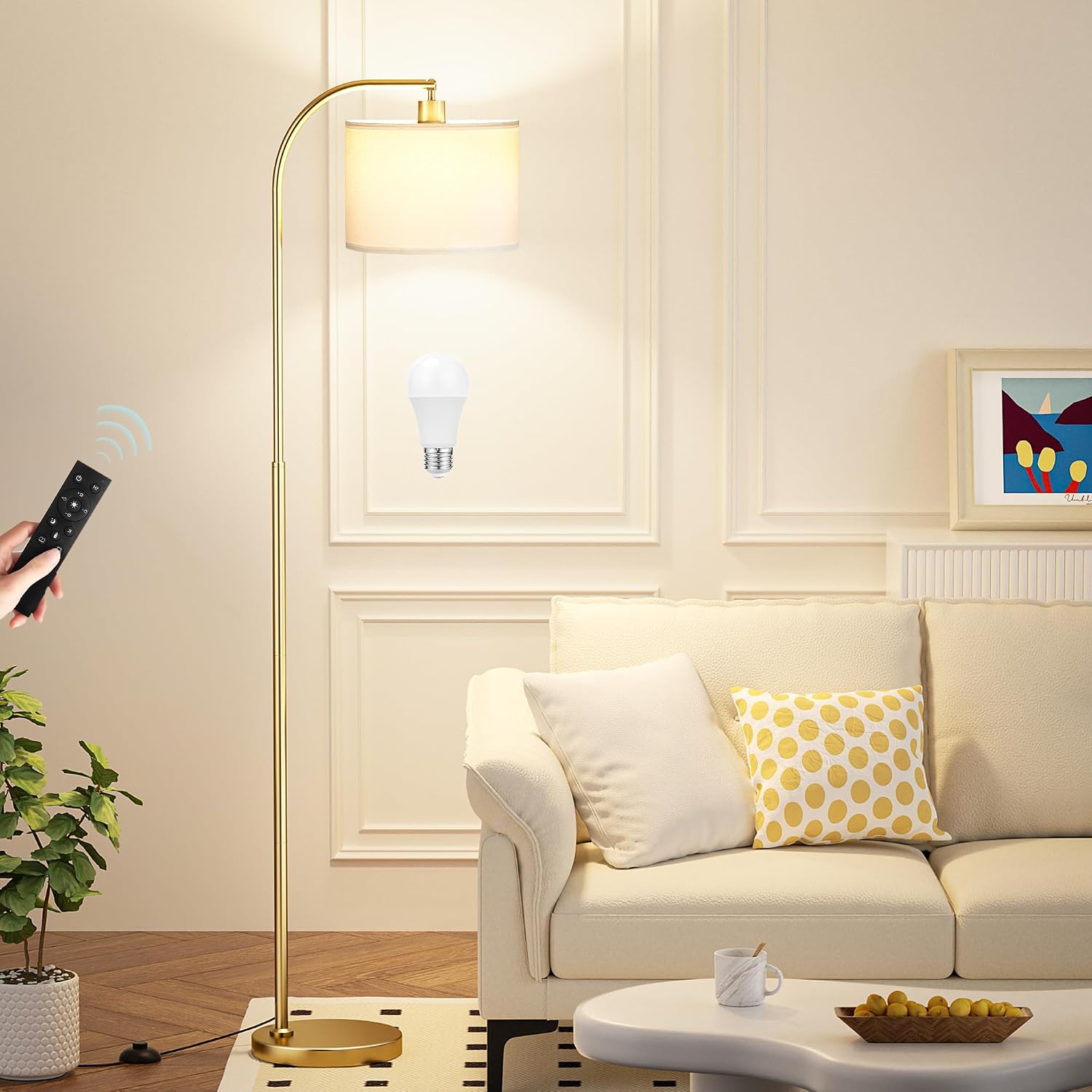 Ambimall Arc Floor Lamp with Remote and Stepless Dimmable Bulb, Colors Temperature & Brightness Adjustable, Floor Lamps for Living Room(Whi…