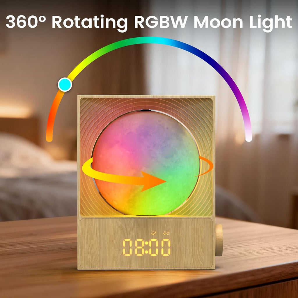 Epochleno Sunrise Alarm Clock, 360-Degree Rotating Moonlight & 10 White Noise Sounds, Dual Alarm & Snooze for Heavy Sleeper, Timer, Wooden…