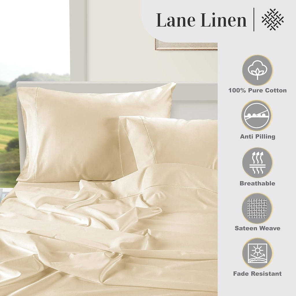 LaneLinen LANE LINEN Pillow Case Covers King Set of 2 100% Egyptian Cotton Sateen Soft Cool & Smooth Cases - Ivory Cotton