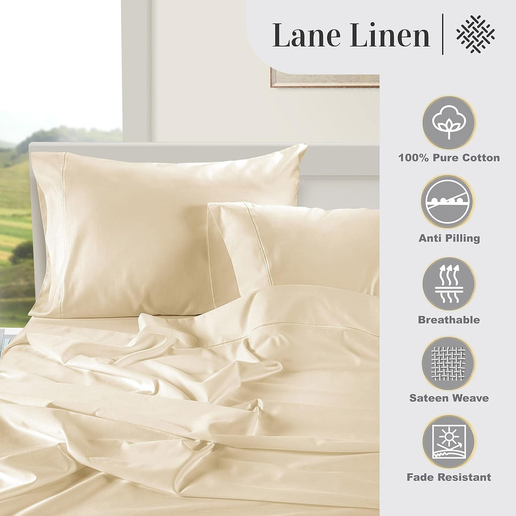 LaneLinen LANE LINEN Queen Ivory Pillow Cases Set of 2 100% Egyptian Cotton Sateen Perfect for Home Hotels & Hospital Use Standard Size Cot…