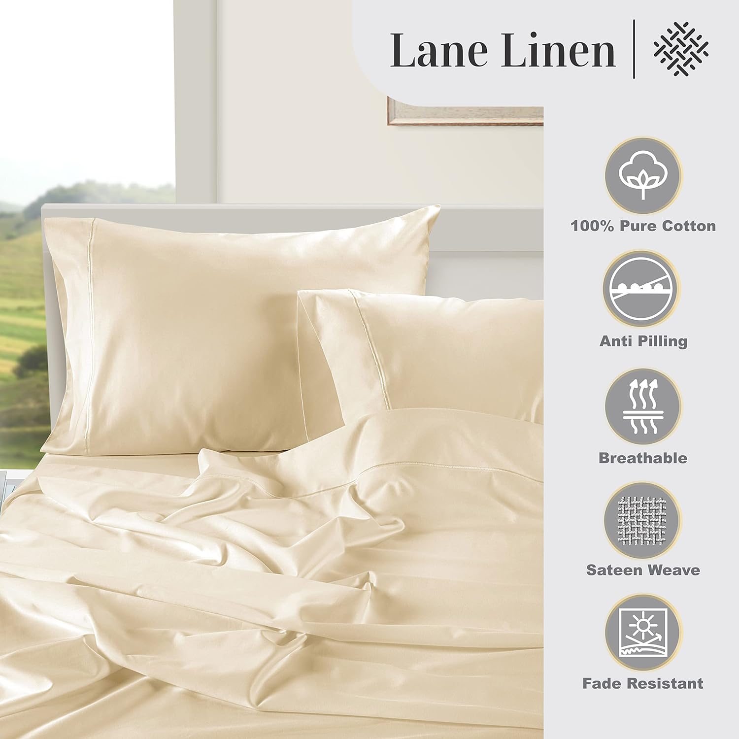 LaneLinen LANE LINEN Queen Ivory Pillow Cases Set of 2 100% Egyptian Cotton Sateen Perfect for Home Hotels & Hospital Use Standard Size Cot…