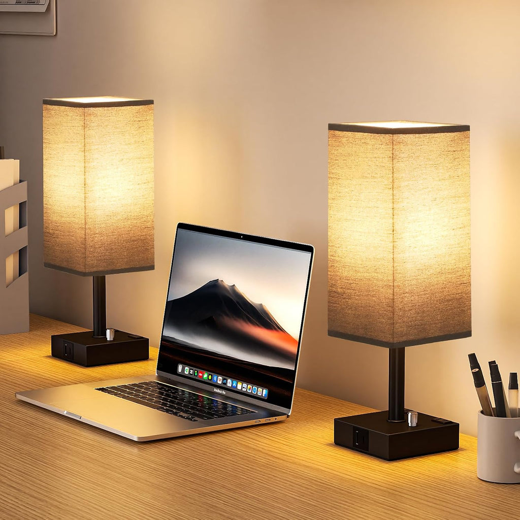 aooshine Black Fully Dimmable Nightstand Lamps Set of 2 - Table Bedside Lamp with USB C+A Charging Ports & 2 AC Outlets, Square Lamp Sets…