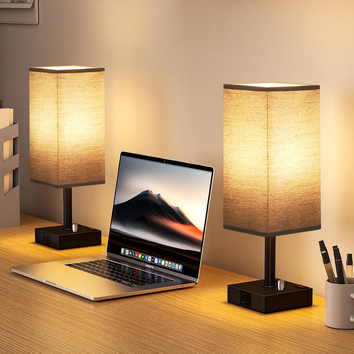 aooshine Black Fully Dimmable Nightstand Lamps Set of 2 - Table Bedside Lamp with USB C+A Charging Ports & 2 AC Outlets, Square Lamp Sets…