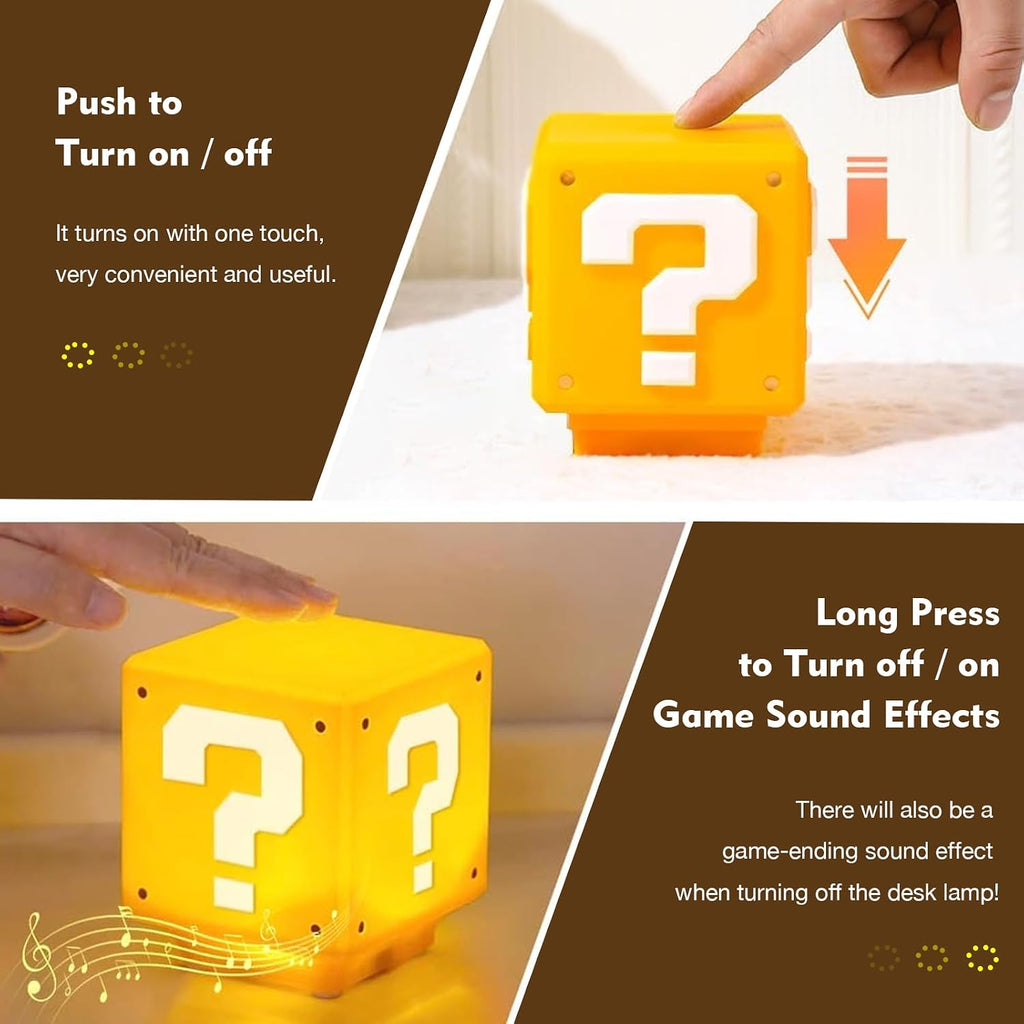 TLAOTNIY Super Bros Mini Question Block Night Lights - USB Powered Bedside Lamp with Game Sound Effects - Gift for Friends & Fans