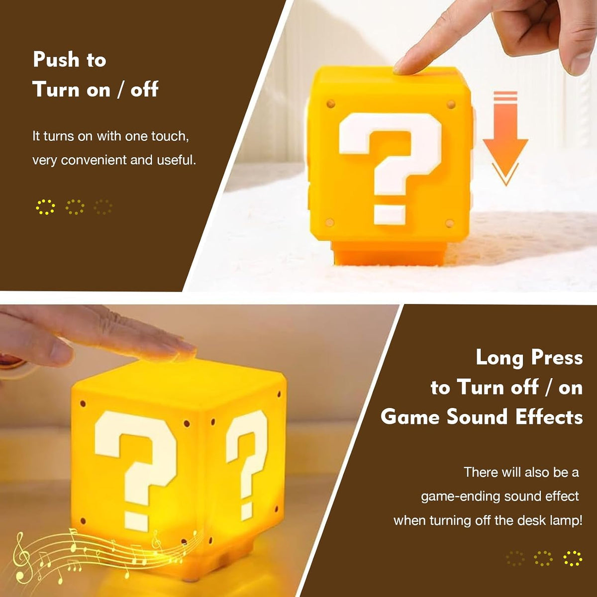 TLAOTNIY Super Bros Mini Question Block Night Lights - USB Powered Bedside Lamp with Game Sound Effects - Gift for Friends & Fans (2Pack)