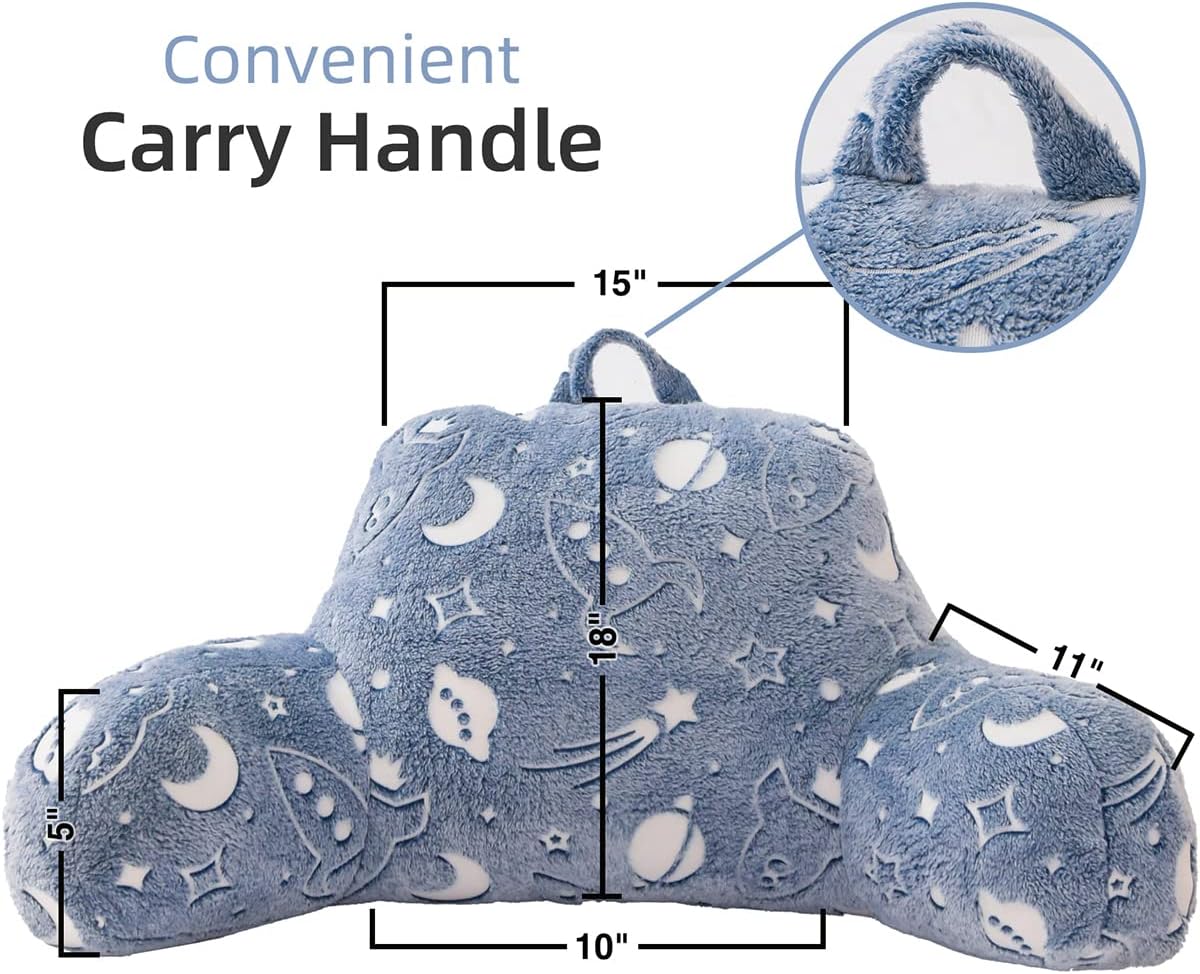 Holawakaka Glow in The Dark Reading Pillow for Sitting up in Bed Sofa Kids Teens, Space Rocket Moon Stars Backrest Pillow with Arms for…