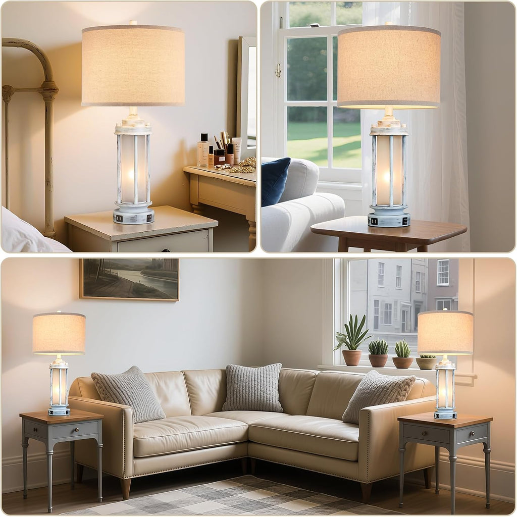 AIEAMPDO 25" Rustic Table Lamps Set of 2, Vintage Nightstand Lamps with 2 USB Ports, Farmhouse Antique White Desk Lamp with Glass Night…