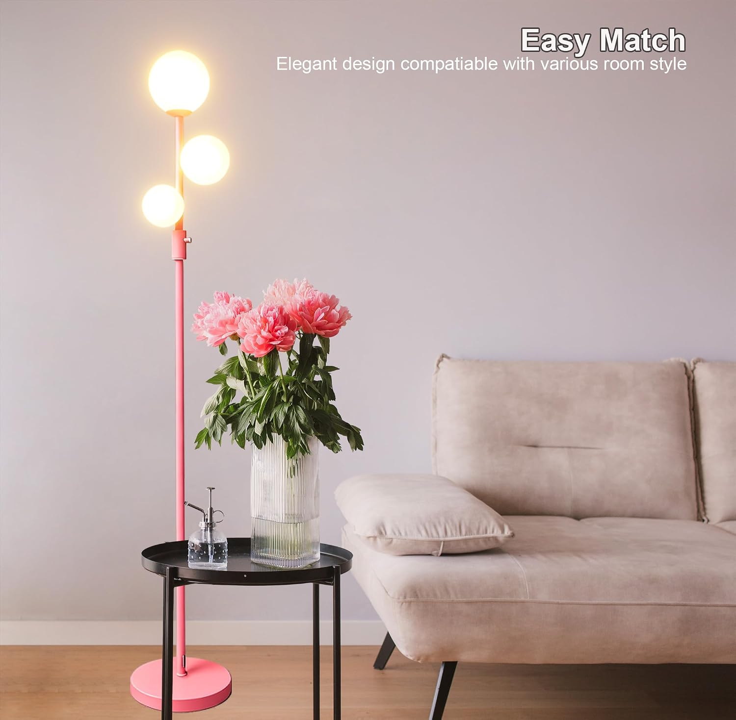 Fiqevs Modern Pink Globe Floor Lamp with Frosted Glass Shade and LED Bulbs, Dimmable Elegant Standing Lamp with Foot Pedal, Tall Pole Lamp…