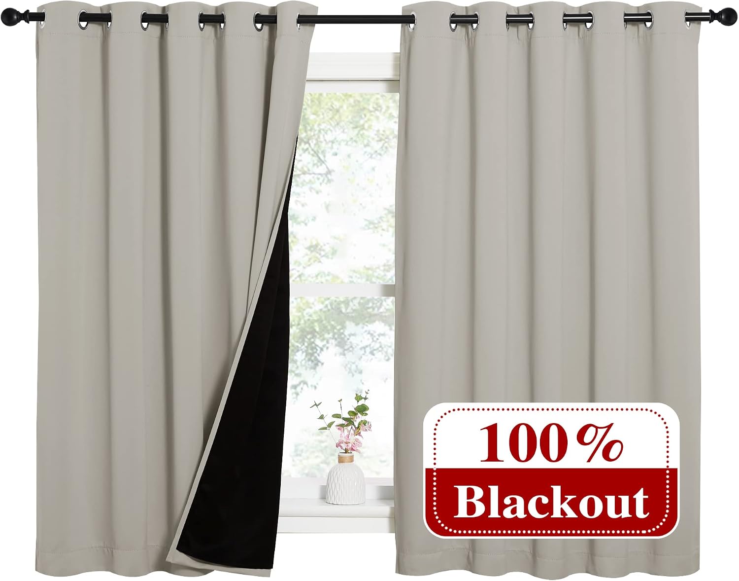 Nicetown Natural 100% Blackout Lined Curtains, 2 Thick Layers Completely Blackout Window Treatment Thermal Insulated Drapes for Kitchen/Bed…