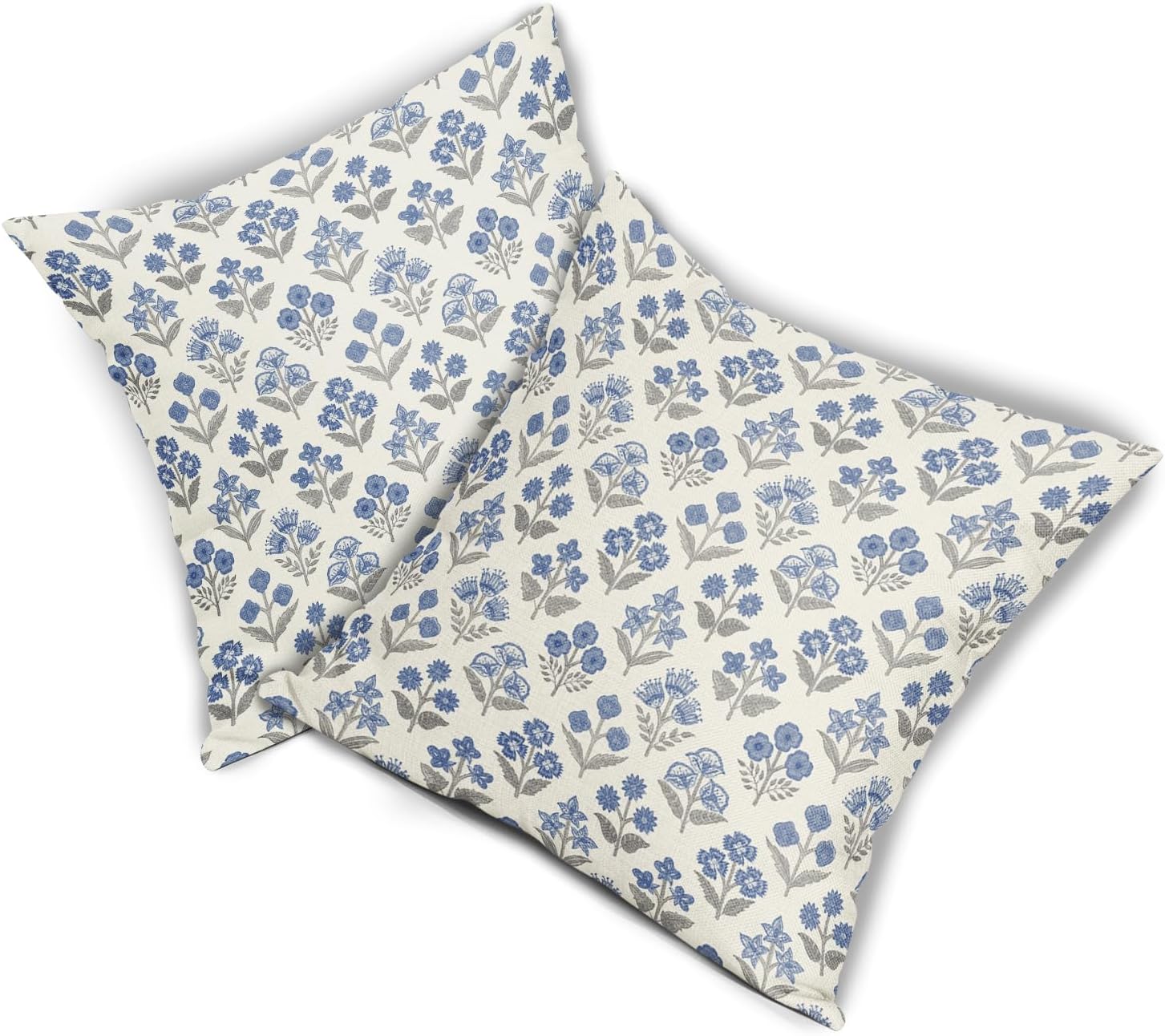 Blue Grey Gray Floral Block Print Pillow Covers 16x16 Inch Set of 2, Vintage Flower Pattern Decorative Throw Pillowcases Outdoor…