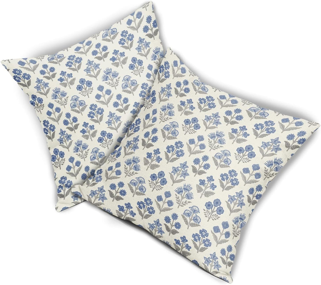 Blue Grey Gray Floral Block Print Pillow Covers 20x20 Inch Set of 2, Vintage Flower Pattern Decorative Throw Pillowcases Outdoor…
