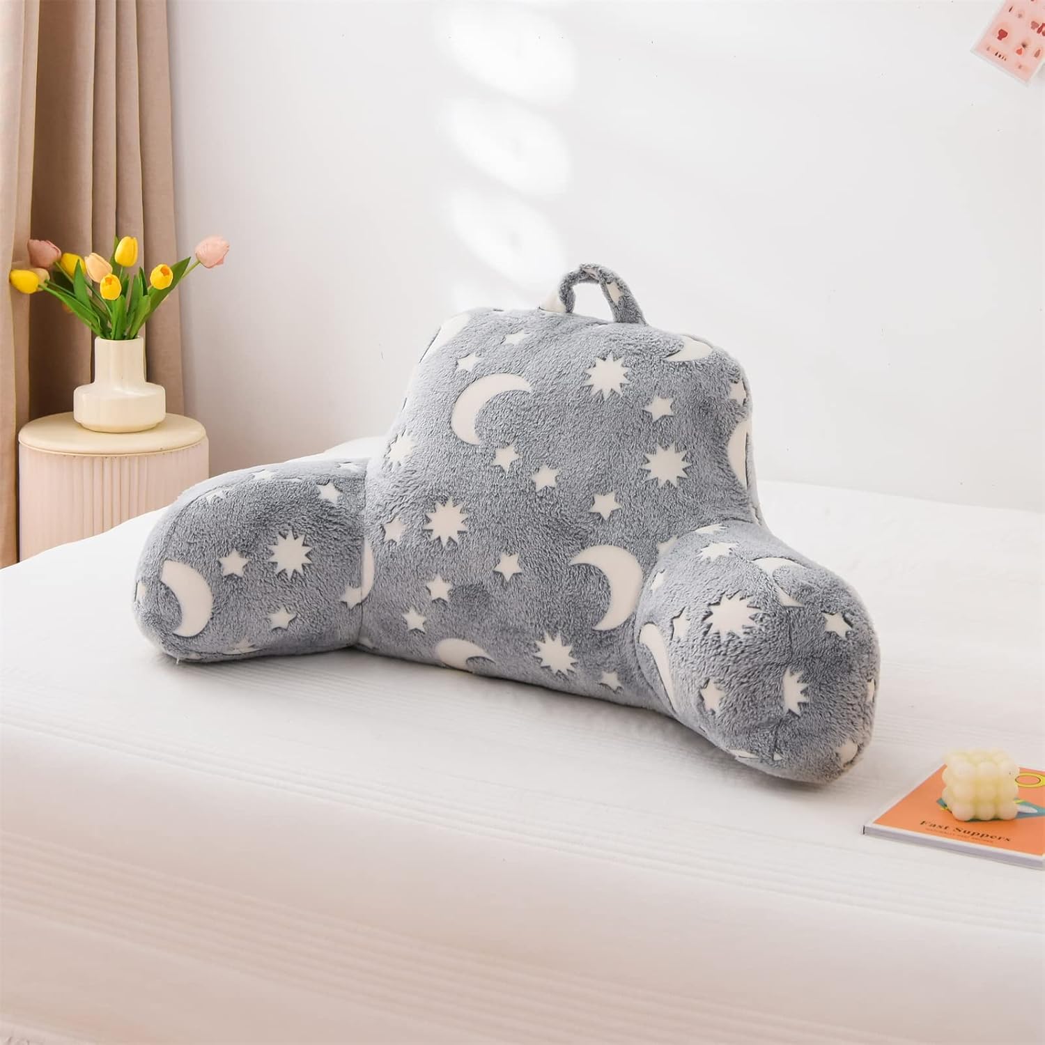 Anicenight A Nice Night Star Moon Plush Reading Pillow Glow in The Dark Bed Wedge Children Backrest with Arms Back Support for Sitting Up i…
