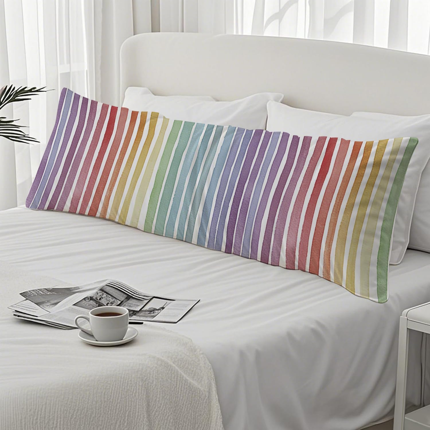 Boho Colorful Striped 20x54 Body Pillow Cover, Minimalist Boho Watercolor Rainbow Striped Decorative Long Body Pillow Cases for Kids Room…