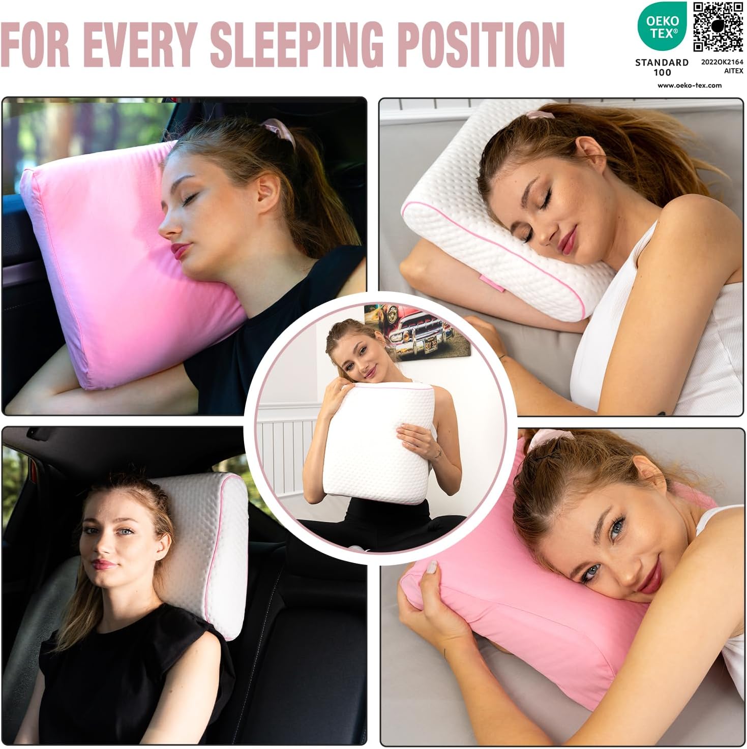 alkamto Travel & Camping Comfortable Memory Foam Pillow – Easy to Carry Portable Bag – Temperature Regulating Pillow Case (Pink Contour +…
