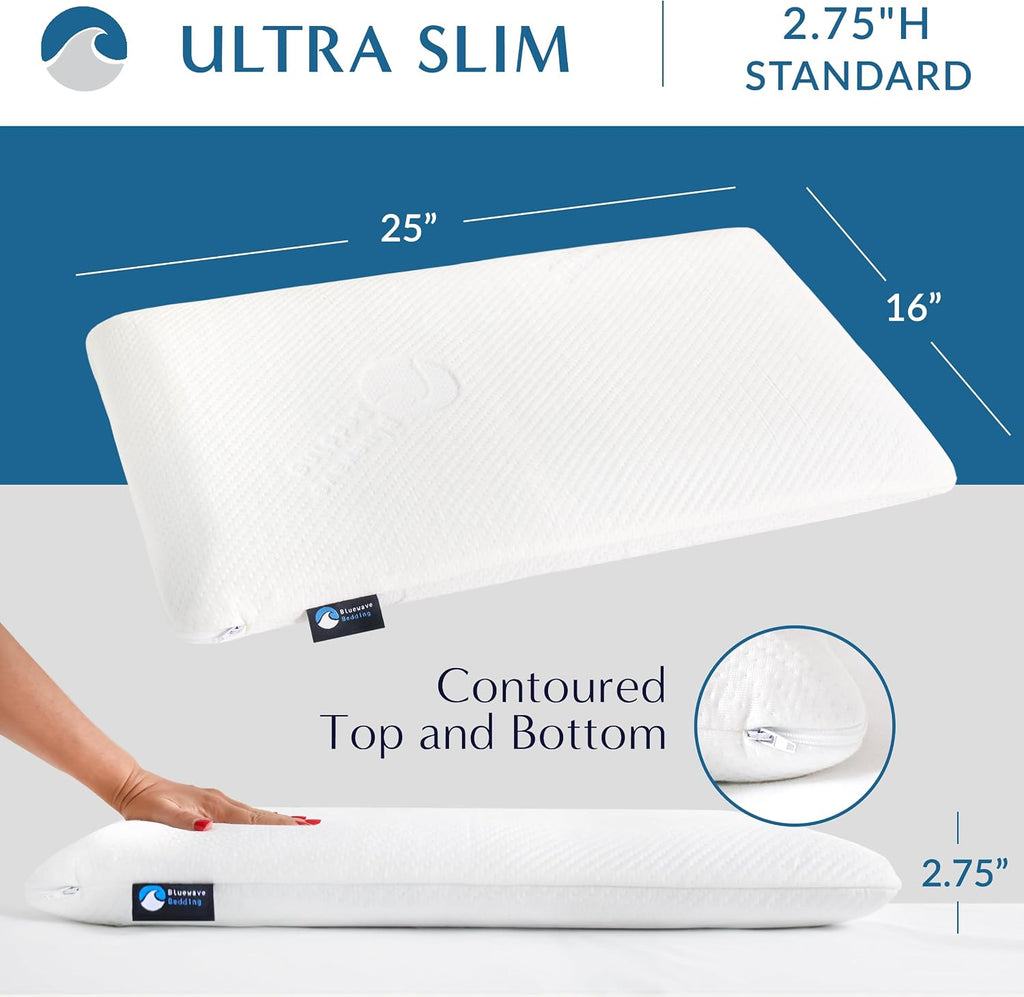 BluewaveBedding Bluewave Bedding Ultra Gel Memory Foam Pillow for Stomach and Back Sleepers - Thin, Flat Design for Cervical Neck Alig…