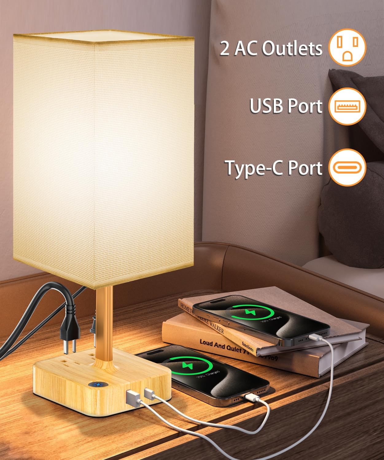 cozoo USB Bedside Table Desk Lamp with 2 USB Charging Ports and 2 AC Outlets, Dimmable Nightstand Lamp with Charger Base White Fabric…