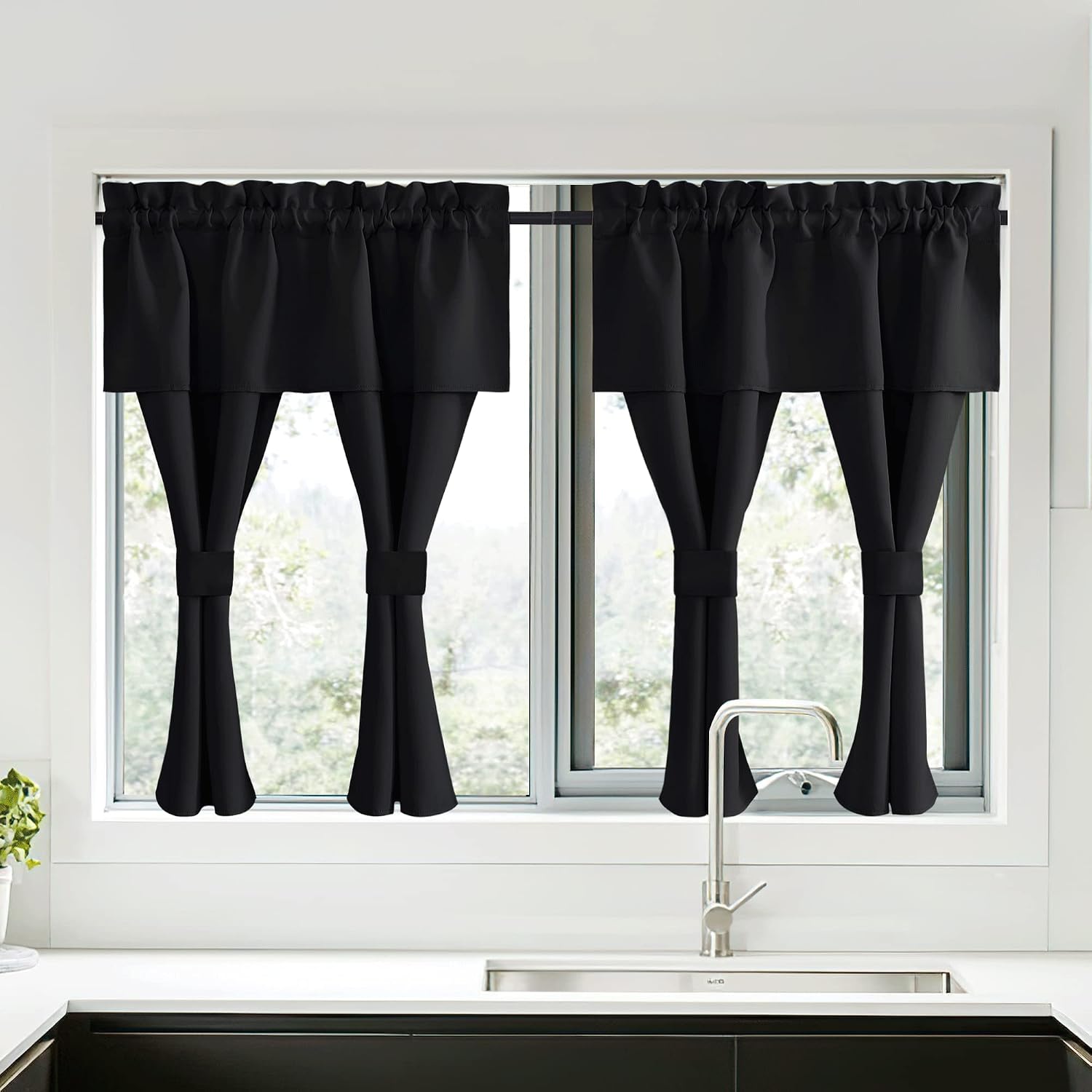 Nicetown Black Blackout Curtains with Attached Valance, Solid Room Darkening Window Treatment Drapes/Draperies for Bedroom (2 PCs, 52 inche…
