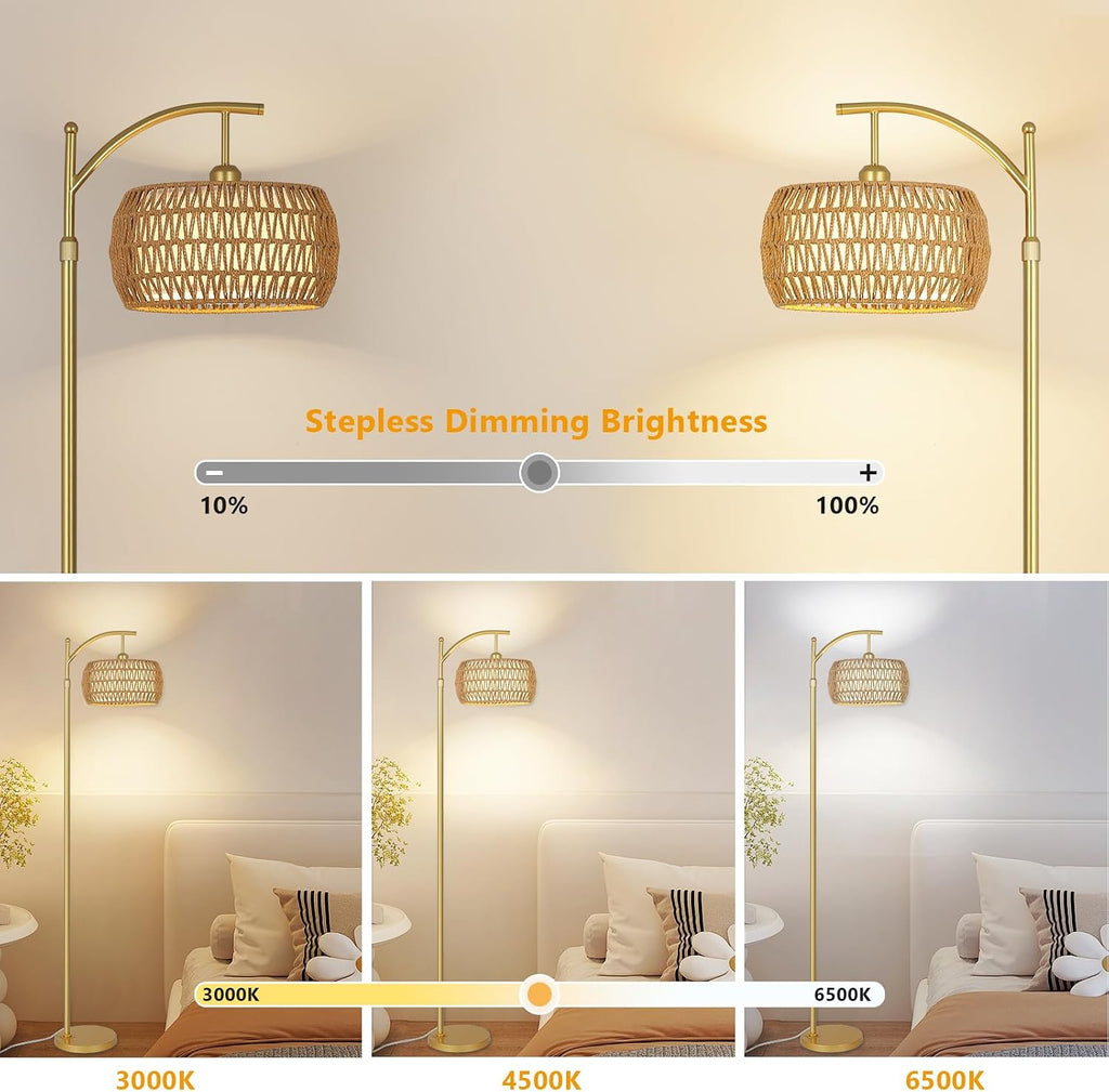 eyassi Arc Floor Lamp with 3 Color Temperatures, LED Gold Floor Lamp with Remote & Stepless Dimmable Bulb, Boho Standing Lamp with Rattan…